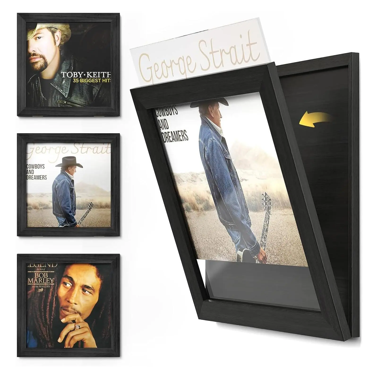 Emfogo 3-Pack Black Wood Wall Mount Vinyl Record Frames for 12x12 LP Album Covers, Acrylic Front Photo & Artwork Decor Set, Ideal Gift for Music Lovers, Wooden