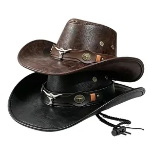 Vintage Cracked Faux Leather Cowboy Hat with Bull Skull Metal Band, Wide Brim Unisex Western Hat with Adjustable Wind Chin Strap