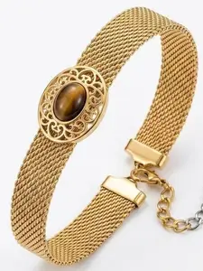 Women's Vintage Tiger's Eye Stainless Steel Mesh Chain Bracelet - Gold-Plated Filigree Medallion Costume Jewelry Bangle