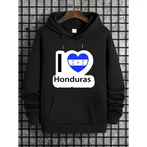 I LOVE HONDURAS Print Men's Pullover Round Neck Hoodies With Kangaroo Pocket & Drawstring Long Sleeve Hooded Sweatshirt Loose Casual Top For Autumn Winter Men's Clothing As Holiday Gifts