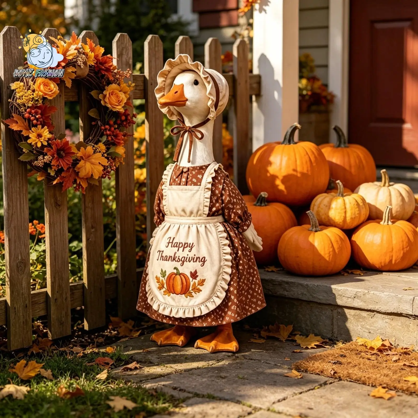 Thanksgiving Porch Goose Outfit Pumpkin Print Floral Fake Two-piece Dress Ruffled Hat Set for 23" Lawn Cement Plastic Goose
