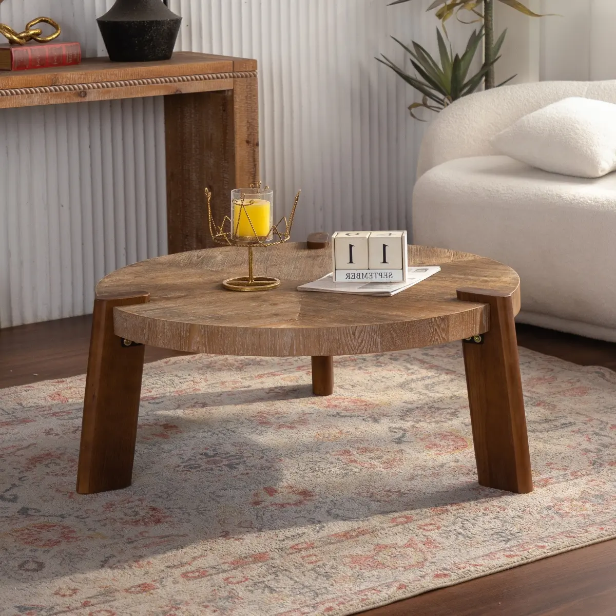 [Bellemave] 36.61" Round Rustic Coffee Table with Tapered Legs| Solid Wood & MDF| Natural Distressed Wood Finish for Living Room