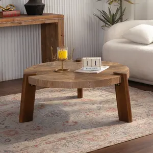 [Bellemave] 36.61" Round Rustic Coffee Table with Tapered Legs| Solid Wood & MDF| Natural Distressed Wood Finish for Living Room