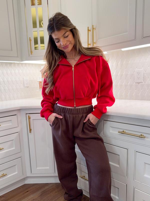Fleece Oversized Crop Full Zip Hoodie - Holiday Red