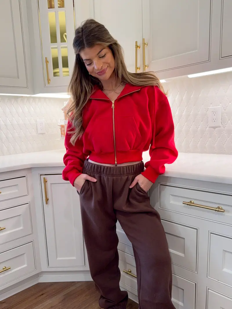 Fleece Oversized Crop Full Zip Hoodie - Holiday Red