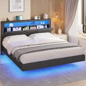 HAUOMS Floating Bed Frame Queen Size with Headboard and Storage, Upholstered Queen Platform Bed Frame with Type C & USB Charging Station and LED Lights, Hidden Storage, No Box Spring Needed, Dark Grey