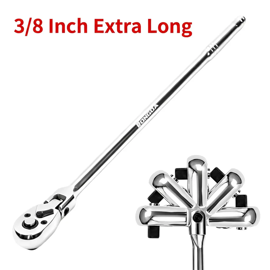 3/8" Drive Extra Long Flex Reversible Head Ratchet Socket Wrench - 72-Tooth, 17.9 in Quick Release, Alloy Steel Chrome Hand Tool for General Applications