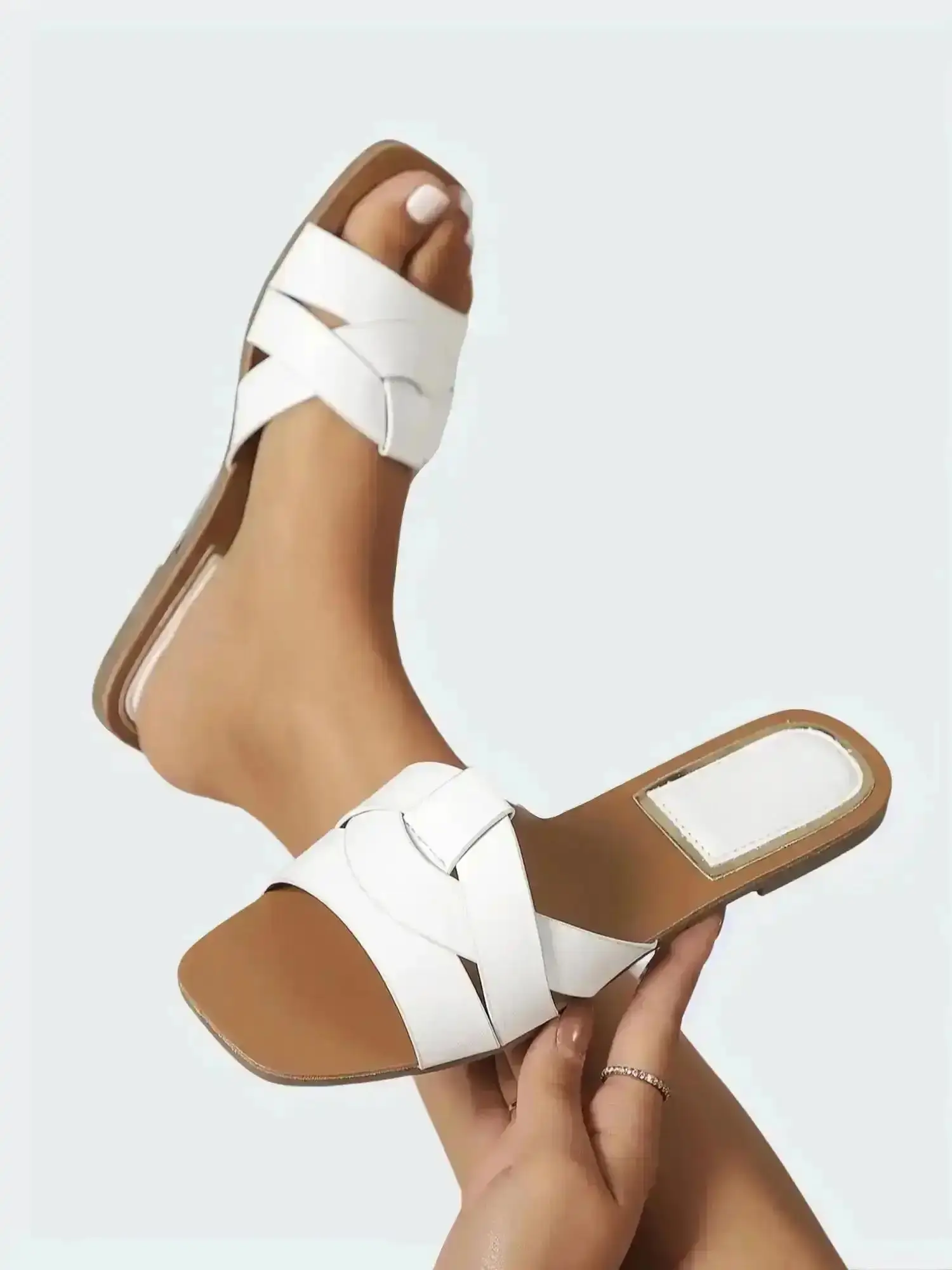 Women's Flat Braided Strap Heel Sndls Open Toe Cross Design Comfy Light Daily Beach Shoes, Footwear, Foldable, Versatile, Flexible, Padded, Wide Width, All Day, Travel, Dress, Essential Everyday Style Pair Versatile