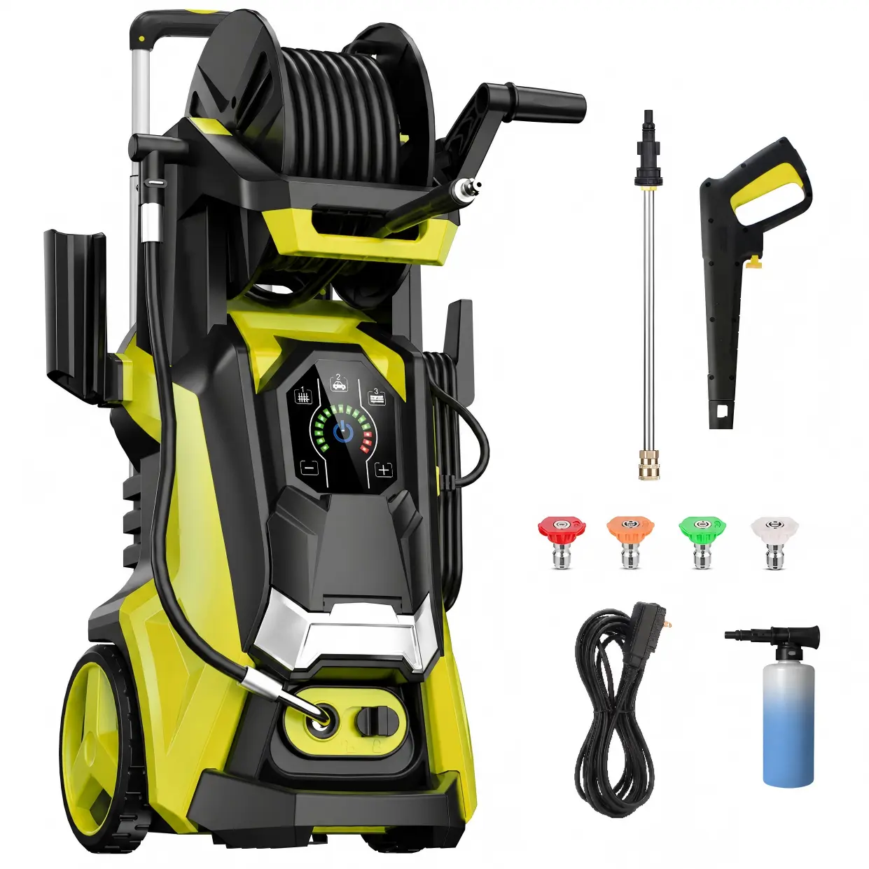 Portable Electric Pressure Washer, 5560PSI MAX 3.8 GPM with 15-Level Adjustable Touch Screen, Wheel Mobility Frame, Quick Connect, Carrying Handle, Full Accessories Set, Safety Shut-Off for Outdoor Clean, Car Wash on Various Surfaces