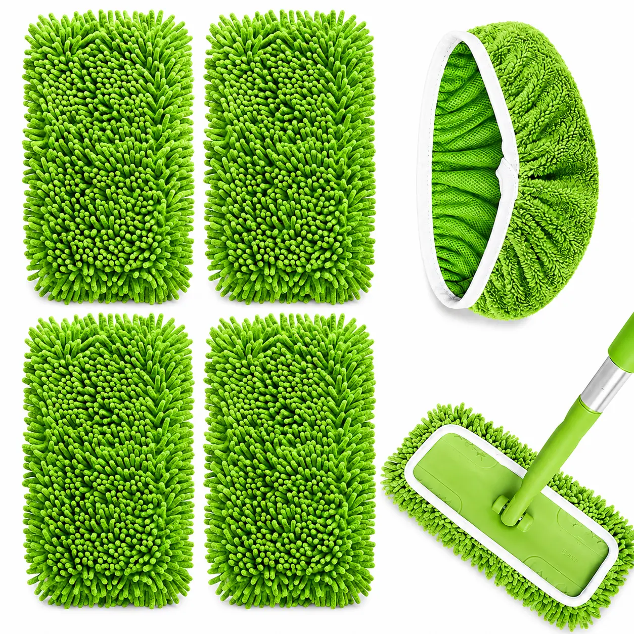 6 Pieces Green Washable Reusable Microfiber Mop Replacement Pads, Super Absorbent Dual Purpose Dry Wet Mop Cloths, Multi-Scenario Mop Accessories for Household, Office, School, Works with Most Flat Mop and Bucket Cleaning Sets