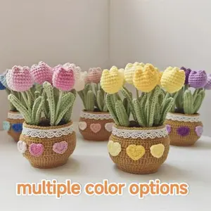 100%Handmade Crochet Tulip Potted Plant, Yarn DIY Finished Flower Bouquet, Creative Crocheted Homemade Gift, Home Decoration Gift, Artificial Flowers Bouquet, Fake Tulips