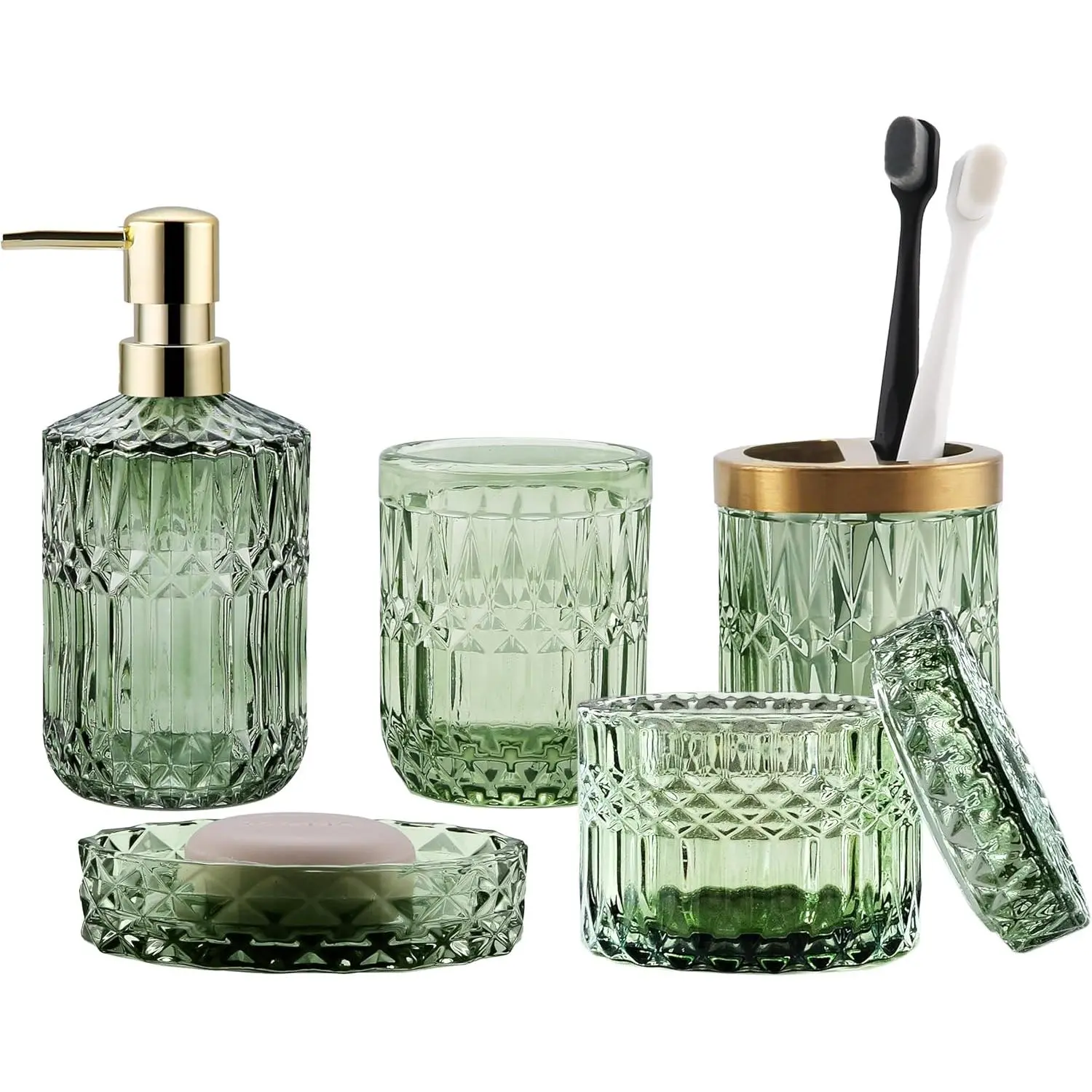 Green Bathroom Accessories Set, 5Pcs Clear Glass Bathroom Accessories, Hand Soap Dispenser, Soap Dish, Toothbrush Holder Set, Tumbler, Cotton Swab Jars, Modern Christmas Bathroom Decor