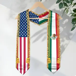 Mexico USA Flag Graduation Stole 2026 - Mexican American Sash with Gold Trim & Tassels Class of 2026