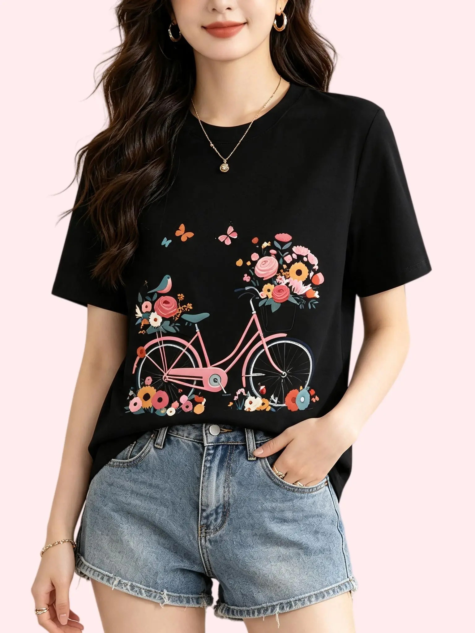 Women's Oversize Soft Cotton Backless Short-Sleeve Cropped T-Shirt - Plus Size Pull On, Elegant Vintage Floral Style, Bicycle & Butterfly Graphic Print, for Valentines Day, Lightweight sohochic