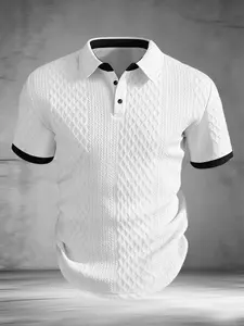 Men's Textured Jacquard Knit Polo Shirt, Casual Business Slim Fit Short Sleeve Top, Elegant Contrast Trim Polo Tee #TexturedPolo #BusinessCasualTop #JacquardPatternShirt #SlimFitPolo #TikTokMadeMeBuyIt