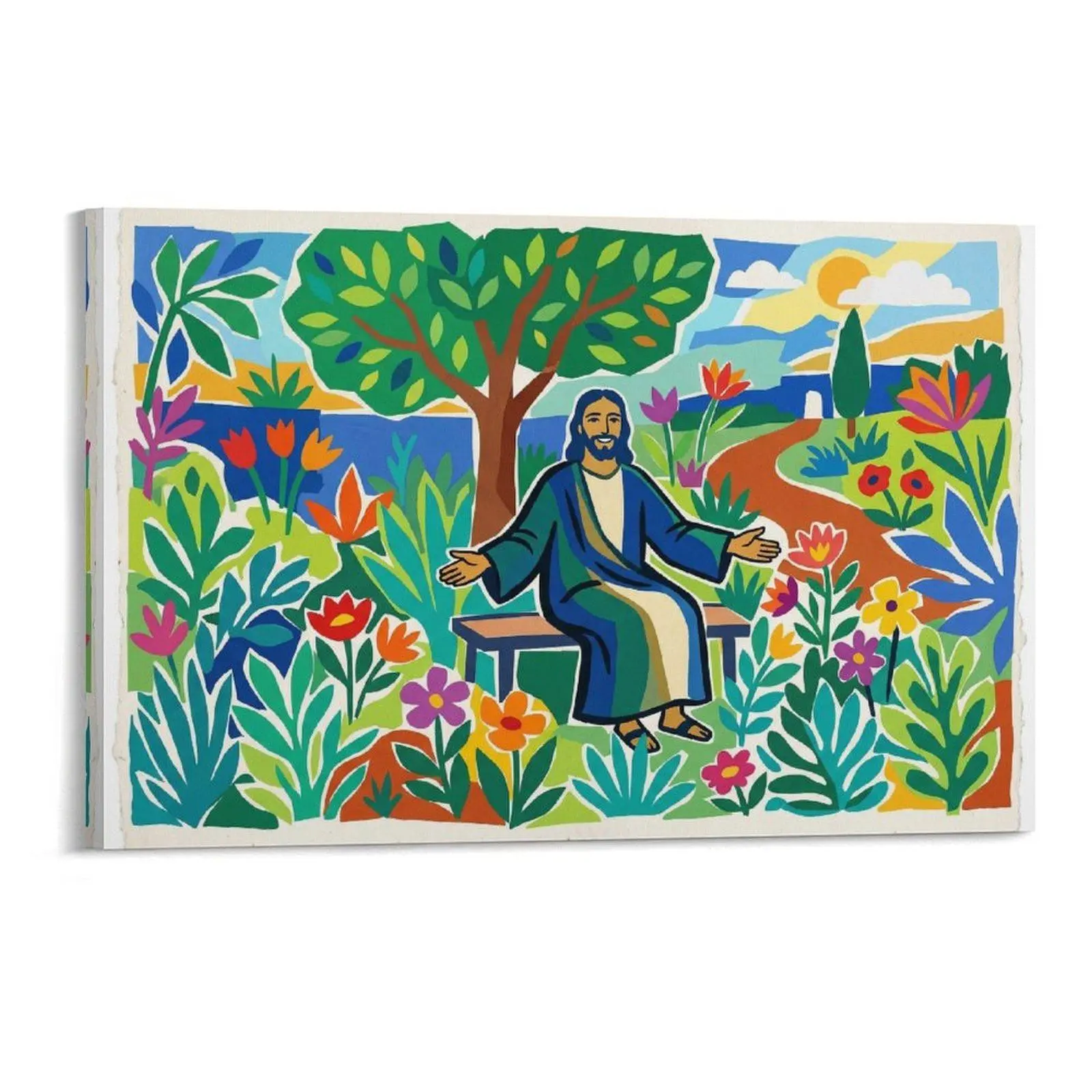 Brown - Skinned Jesus Vibrant Folk Art Canvas Painting, Floral Garden (Tree, Flowers, Path) Scene, Colorful Decorative Art for Home/Religious Easter Decor, Canvas Wall Art