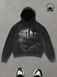 Trendy Faded Hoodie Sweatshirt, Cotton Fabric Warm Comfortable, Eye-Catching Art Print, Casual Daily Wear, Perfect for Trendy Gatherings