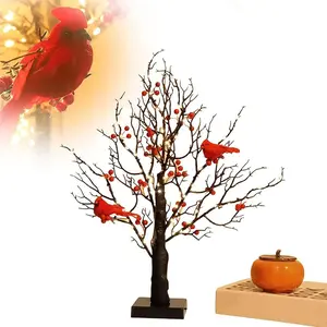 Vintage Glowing Tree with Cardinals, Aparntetit LED Vintage Glowing Tree, Operated by Battery Twinkle Trees Lamp with Lighted Branches, for Halloween, Christmas (Black)