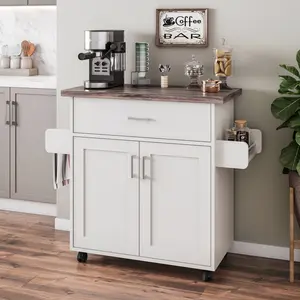 [Bellemave]Techni Home Deluxe Mobile Kitchen Island Cart with Water Resistant Top, Storage Cabinets with Adjustable Shelves, and Towel & Spice Rack