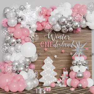 Pink Winter Wonderland Balloon Garland Kit with Snowflake and Metallic Silver Accents