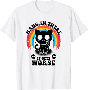 Hang In There It Gets Worse Toon Black Cat Funny Dark Humor T-Shirt - 23B0D7HR81J4