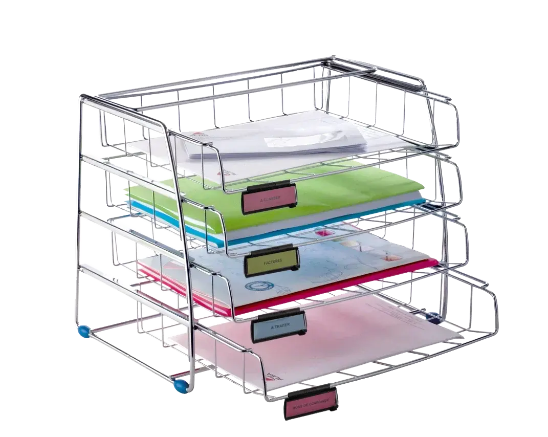 Alba 4-Drawer Side Load Chrome-Plated Metal Wire Letter Tray, Office Organizer with Removable Black Label Holders, Anti-Slip Pads for Stationery Storage, Desk Accessories & Shared Workspace Use