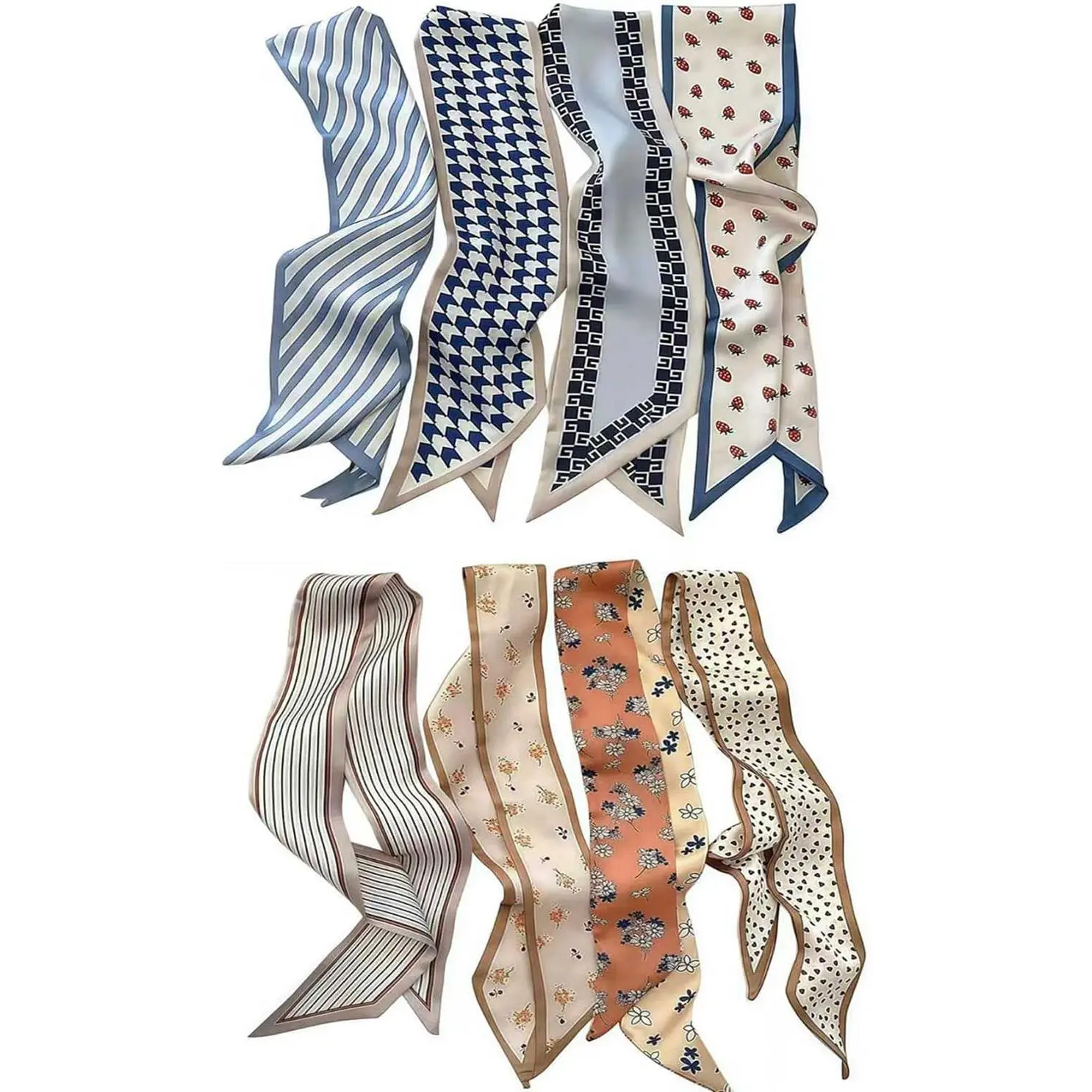 8-Piece Women's Satin Scarves Set, Boho Patterned Skinny Headband, Casual Soft Accessory for Hair, Neck, & Purse Handle, Casual Soft Scarf, Synthetic, 8Pcs, Multi-Use, 16 Pcs, Floral Print Scarf, 34 X 2.7 Inch, 86 X 7 Cm, Bohemian Elegance