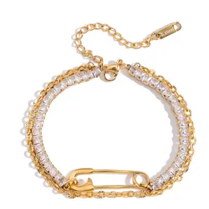 CZ Crystal and Chain Double Layer Safety Pin Charm Bracelet - Gold Plated Stainless Steel