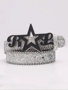 1pc European and American fashionable dripping oil five-pointed star hollow-out buckle head silver-silver onion powder small round bead decoration thin women's belt suitable for daily life use with jeans dress skirt girlfriend mother's day gift