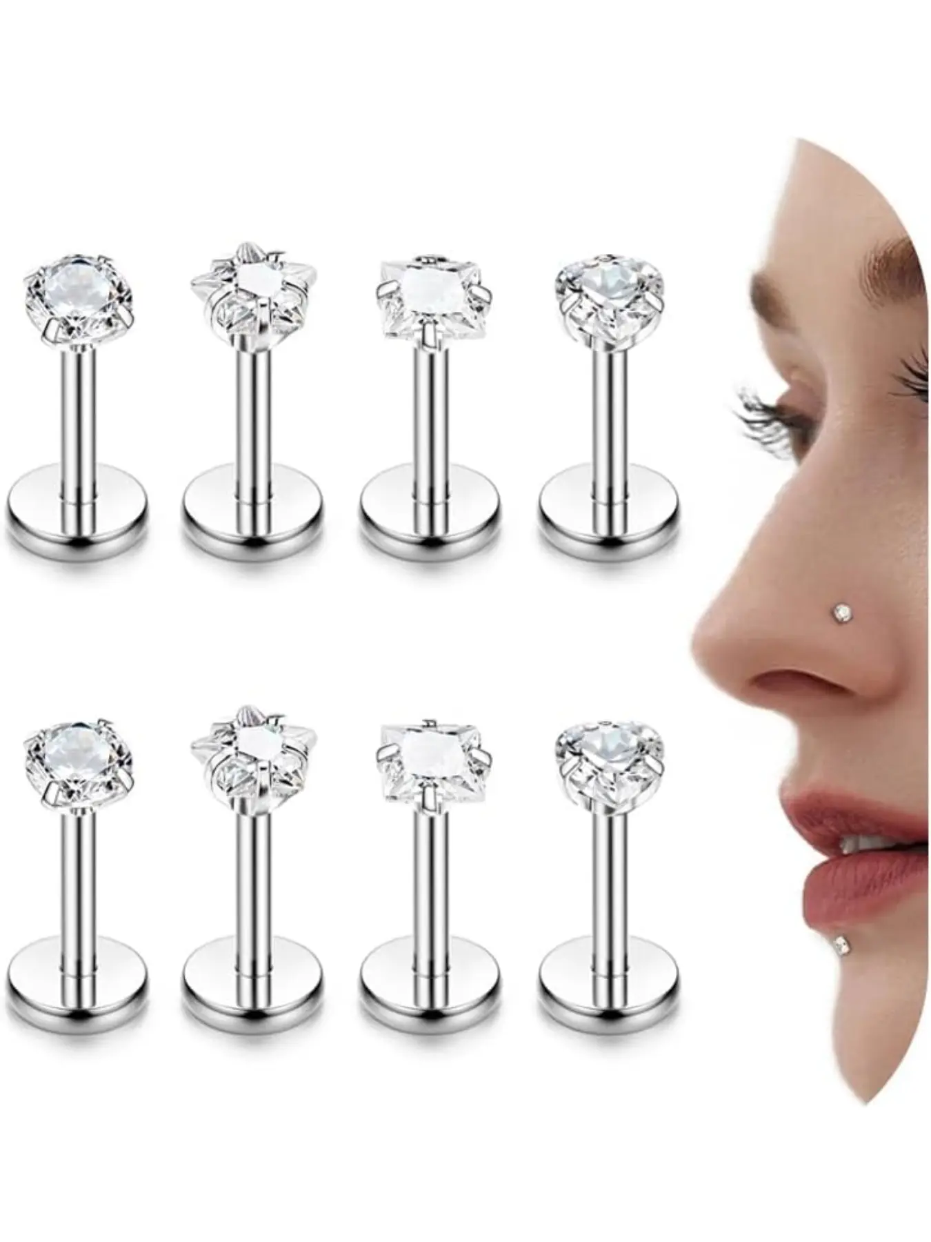Morfetto 8Pcs 16G Helix Tragus Piercing Jewellery G23 Titanium Internally Threaded Labret Lip Studs Piercing CZ Nose Stud Helix Tragus Earrings Monroe Piercing Jewelry Septum Piercing Jewelry