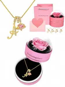 26 Letters Dopamine Women's 18K Gold CZ Birthstone Necklace, A-Z Initial Pendant with Exquisite Preserved Rose Jewelry Gift Box, Ideal Gift for Wedding Anniversaries, Birthdays, Mother's Day, Valentine's Day & Christmas