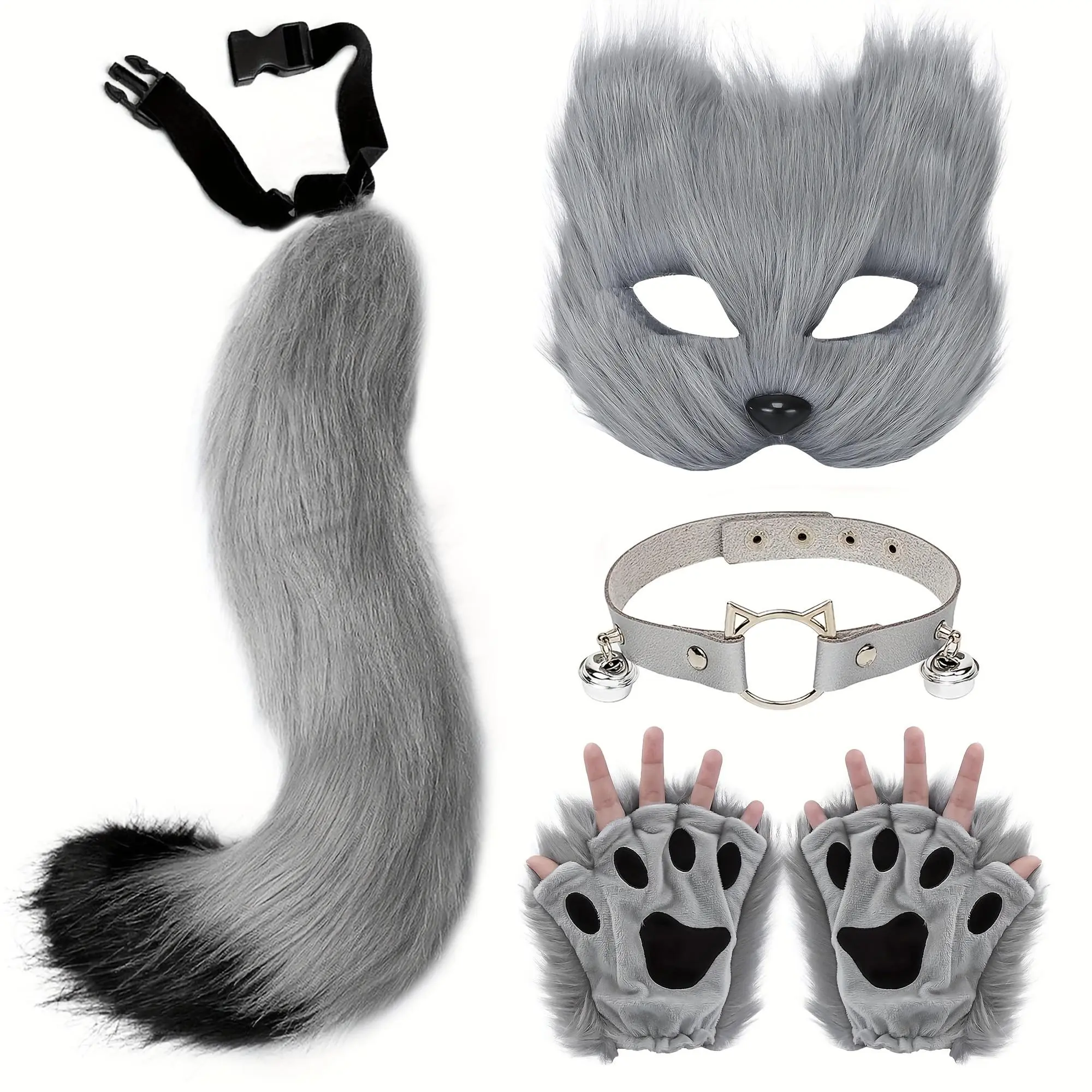 5pcs Fluffy Fur Cosplay Accessory Set - Fox Tail, Cat Paws Gloves, Wolf Mask for Halloween Theme Party Dress-Up (Toys & Hobbies DIY Specialty Supplies), No