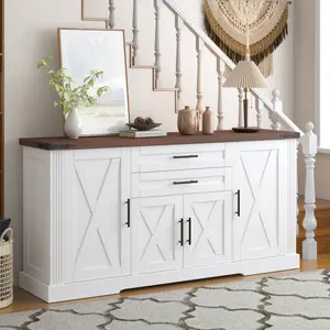 Buffet Sideboard Cabinet with Drawers, 63" Large Buffet Storage Cabinet with Shelves and Doors, Modern Farmhouse Coffee Bar Station for Kitchen, Dining Room, White