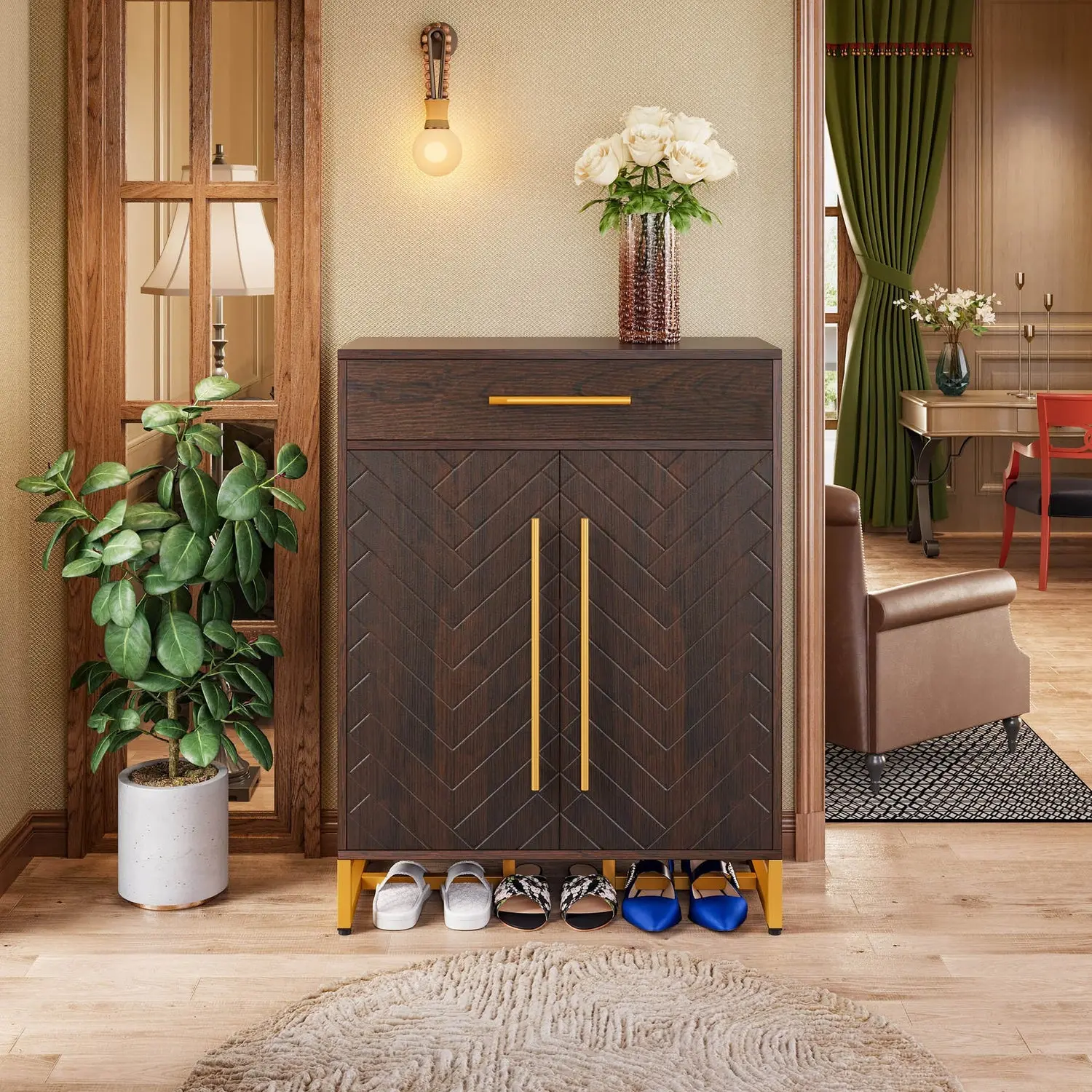 Spaco Freestanding Shoe Storage Cabinet - 20-Pair Durable Rectangle Organizer with Doors, Wooden Drawer, Adjustable Shelves, Walnut & Gold Racks, Dustproof Multi-Level Floor-Standing Storage Cabinet Sideboard, Freestanding Storage Cabinet