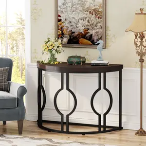 LITTLE TREE 43 Inch Half Moon Console Table for Entryway Industrial Semi Circle Sofa Table Wood Accent Table for Living Room, Hallway, Foyer, Entrance, Rustic Brown