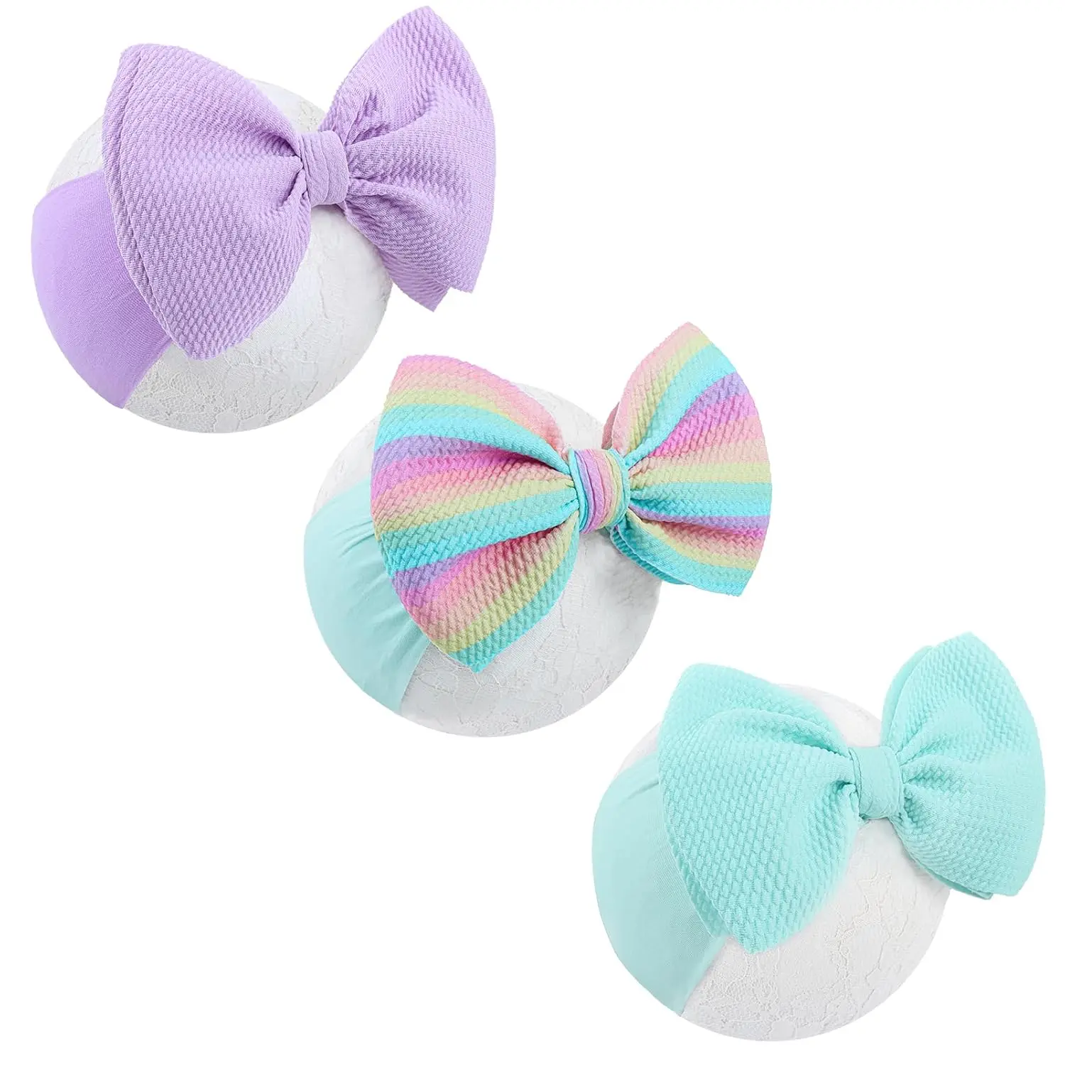 KF5-HB014 6'' Handmade Tied Bow Baby Headbands, High-Stretchy Soft Nylon Hair Accessories for Infant Girls, Light Blue Purple Rainbow Stripes
