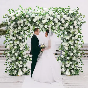 S-A7615 2pcs Set White Rose Greenery Flower Row Arrangement Wedding Backdrop Decor Silk Banners 170x90cm for Elegant Events