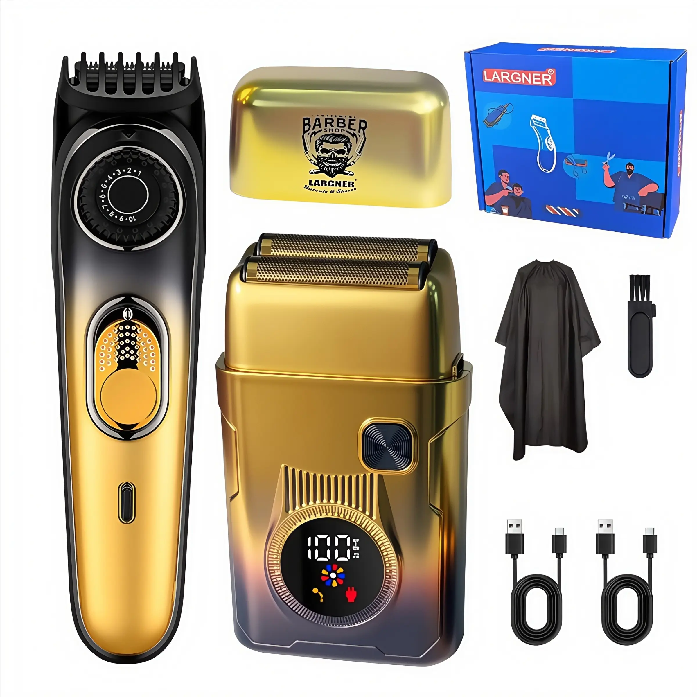 Largner Rechargeable Professional Men's Grooming Kit, Cordless Hair Clipper & Trimmer Set, LCD Display, Dual Titanium Blades System