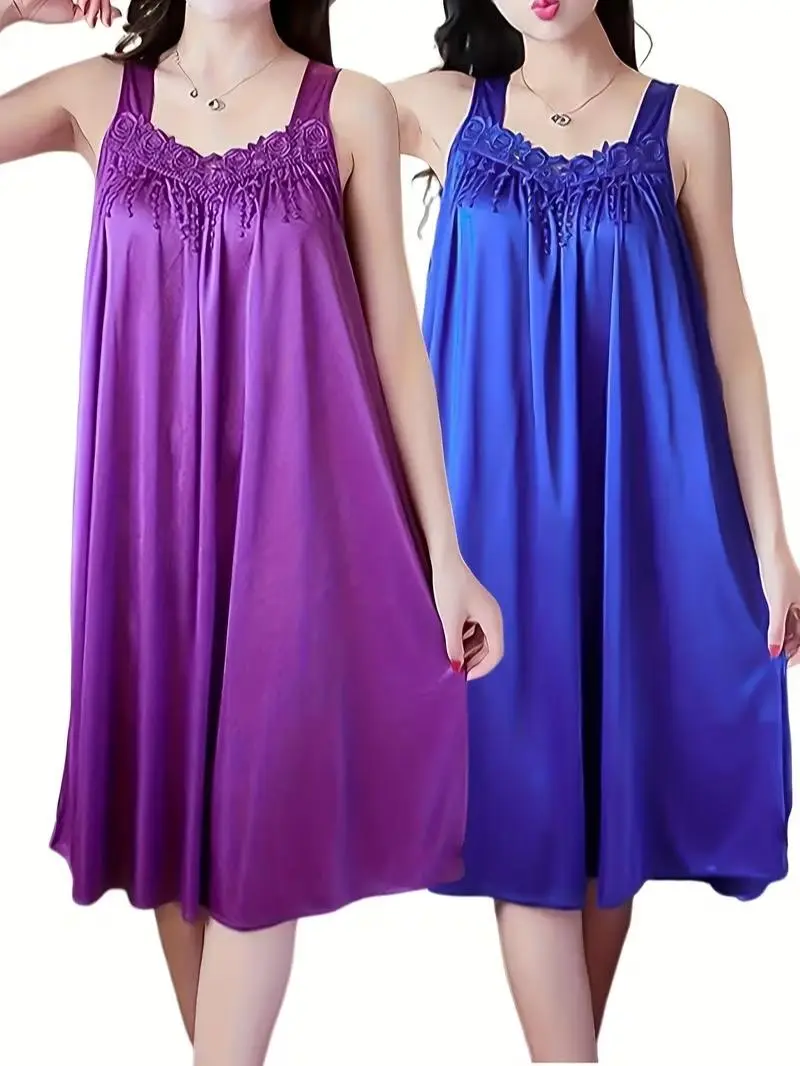 2pcs of Women'S Elegant Lace Pajamas - Smooth Satin Fabric, Purple And Blue, Sleeveless Round Neck Nightgown, Exquisite Floral Lace Details, Light And Comfortable in Summer