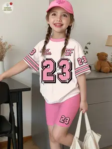 Children's 2-Piece Set: Printed Short-Sleeve T-Shirt and Shorts Set, suitable for girls' outfits, girls' short-sleeve swimwear, children's casual wear, featuring a “23” print; girls' short-sleeve T-shirt and shorts set, perfect for summer, back-to-school