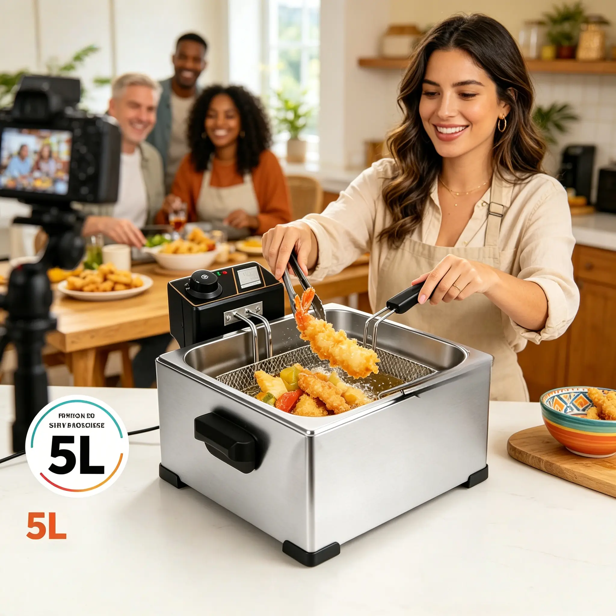 3PCS Stainless Steel Adjustable Temperature Fryer - 5L Big Tank, Clear View Window, 3 Fry Baskets, 1400W 110V 60-200℃ Thermostat, US 3Pin Plug, Countertop Home Deep Fryer for Restaurant & Household Use