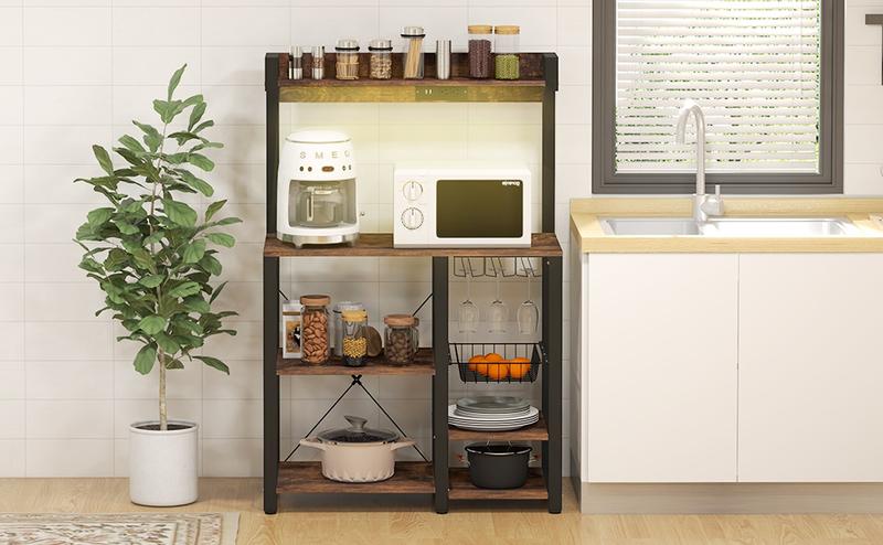 HOMCOM Bakers Racks with Power Outlet and LED Lights, Coffee Bar Table for Kitchens with Storage, Microwave Stand, Kitchen Storage Shelf Rack with Multiple Shelves
