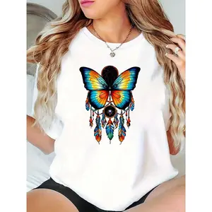 Women's White T-Shirt with Colorful Butterfly & Dreamcatcher Feather Print, Boho Casual Summer Top for Women, Ideal for Daily Wear, Beach Days, or Festival Outfits 100% Cotton T-shirt