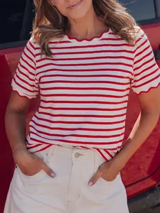 Stripe Scalloped Trim Round Neck T Shirt,  This Cotton Blend Tee is Soft and Breathable for Hot Days.