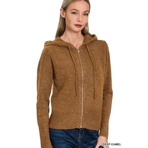 Zenana Drawstring Zip Up Hooded Cardigan