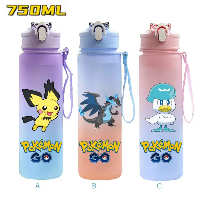 Pokémon Gradient Water Bottle - 750ML Large-Capacity Plastic Drinking Cup, Portable for Outdoor Hiking
