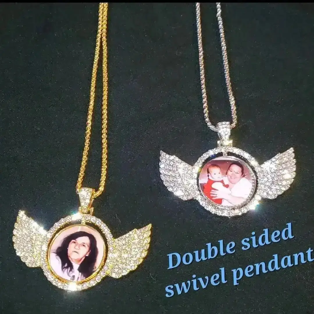 Custom Photo Memorial Winged Pendant Necklace Double Sided Swivel Keepsake Picture with Free Chain Stainless Steel Unique Jewelry Day classic design everyday essential versatile style comfort wear wardrobe staple piece