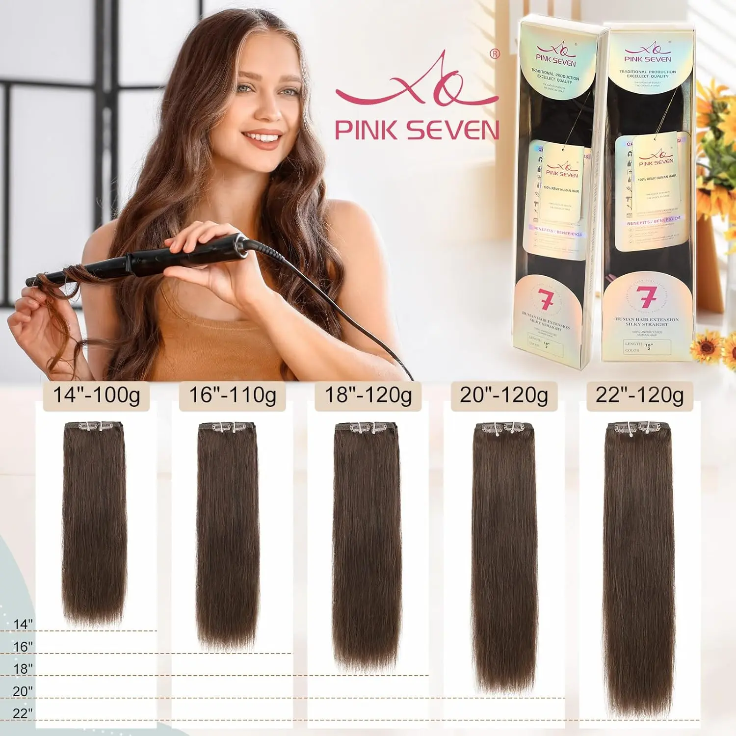 PINK SEVEN Premium Remy Human Hair Clip-In Extensions 100g 