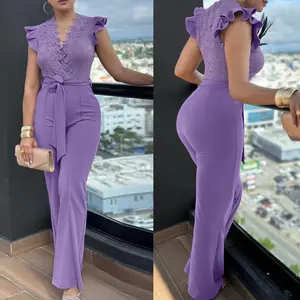 ChicMe V-Neck Ruffle Sleeve Contrast Guipure Lace Zipper Back Jumpsuit Seam Front Bow Tie Waist Lace Patchwork Slim Fit Jumpsuit for Wedding Guest & Wedding