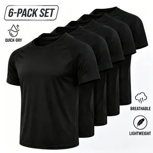 6-Pack Men's Black Athletic T-Shirts, Ultra-Breathable Mesh Quick-Dry Gym Undershirts, Lightweight High-Elastic Casual Tee Pack